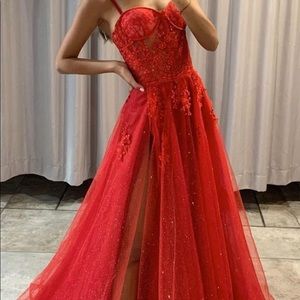 Spaghetti Straps Red Long Prom Dress with Slit